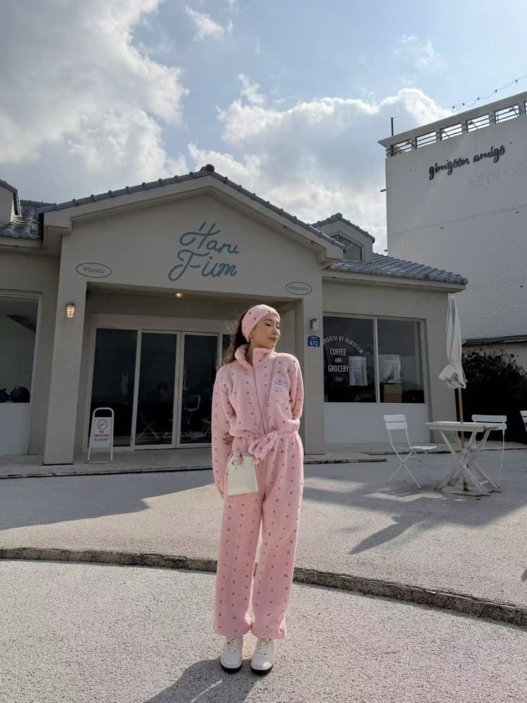 Women's Custom Embroidered Fleece Onesie (Pink Small Flowers)#251101