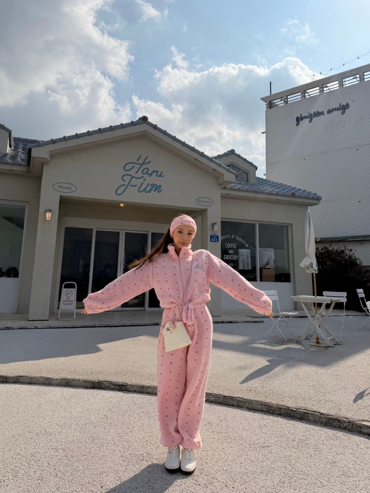 Women's Custom Embroidered Fleece Onesie (Pink Small Flowers)#251101