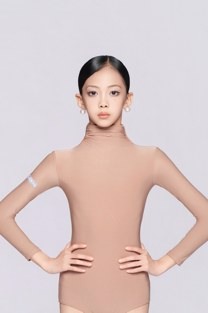 Girls’ Barely There Ultra-Lightweight Turtleneck Pleated Long-Sleeve Bodysuit（Nude）#251117