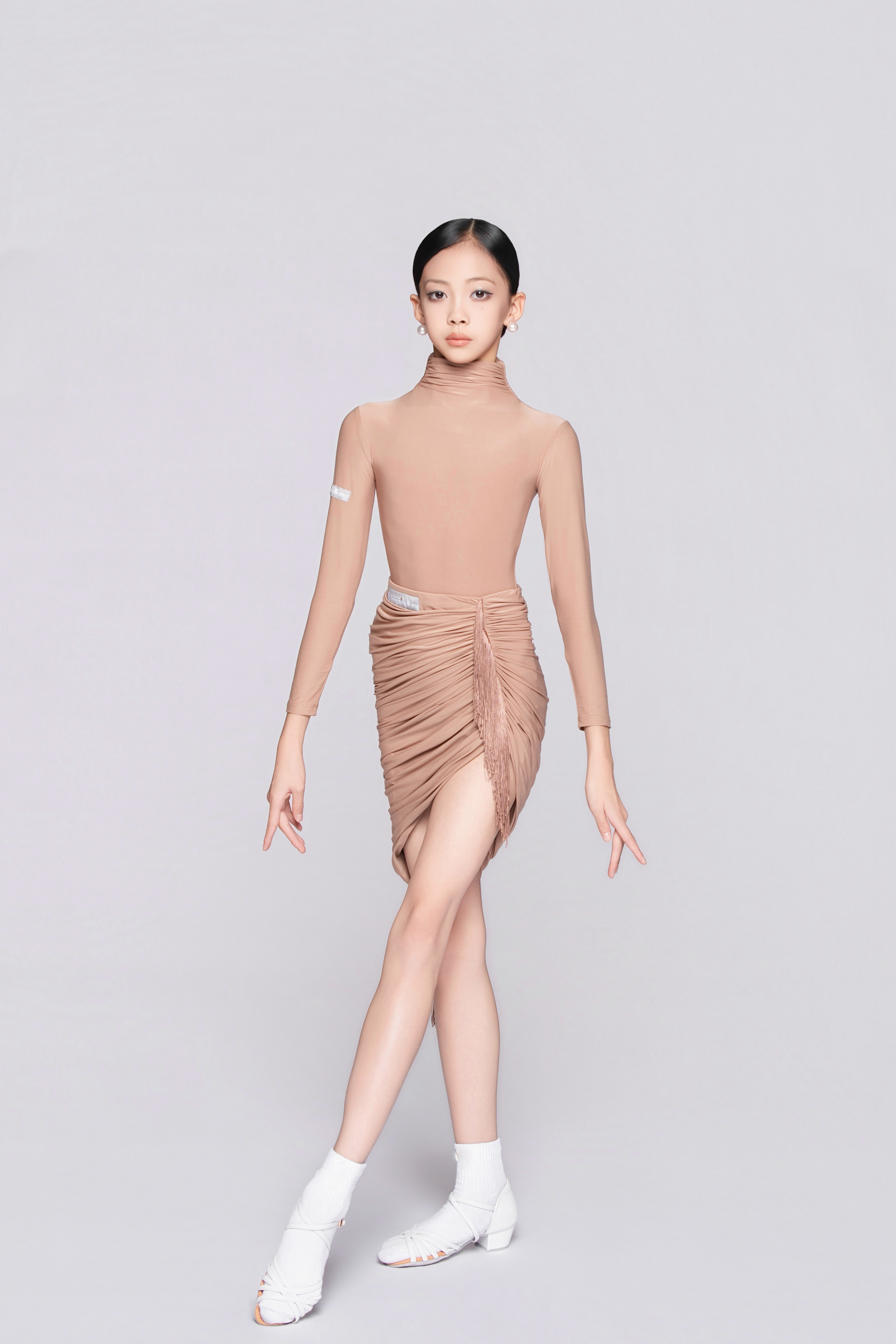 Girls’ Barely There Ultra-Lightweight Turtleneck Pleated Long-Sleeve Bodysuit（Nude）#251117