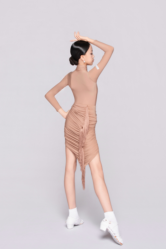 Girls’ Barely There Ultra-Lightweight Pleated Fringe Asymmetric Skirt（Nude）#251119
