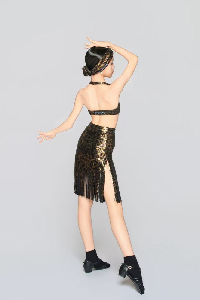 Girls' Shiny Leopard Print Halter Neck Vest（Black Gold）#251139