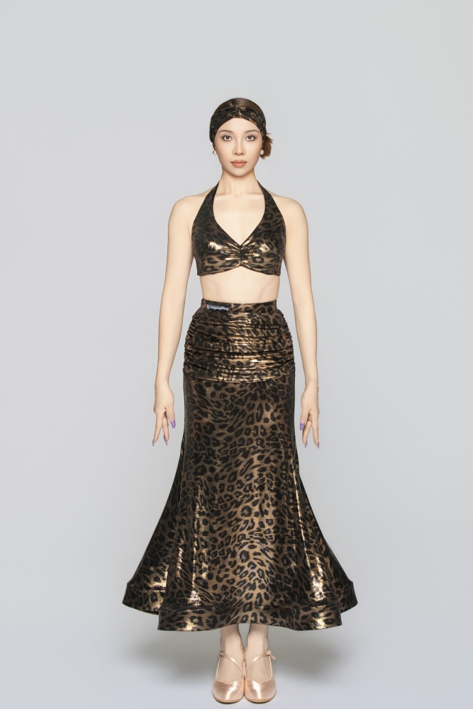 Women's Shiny Leopard Print Bow Modern Skirt（Black Gold）#251138