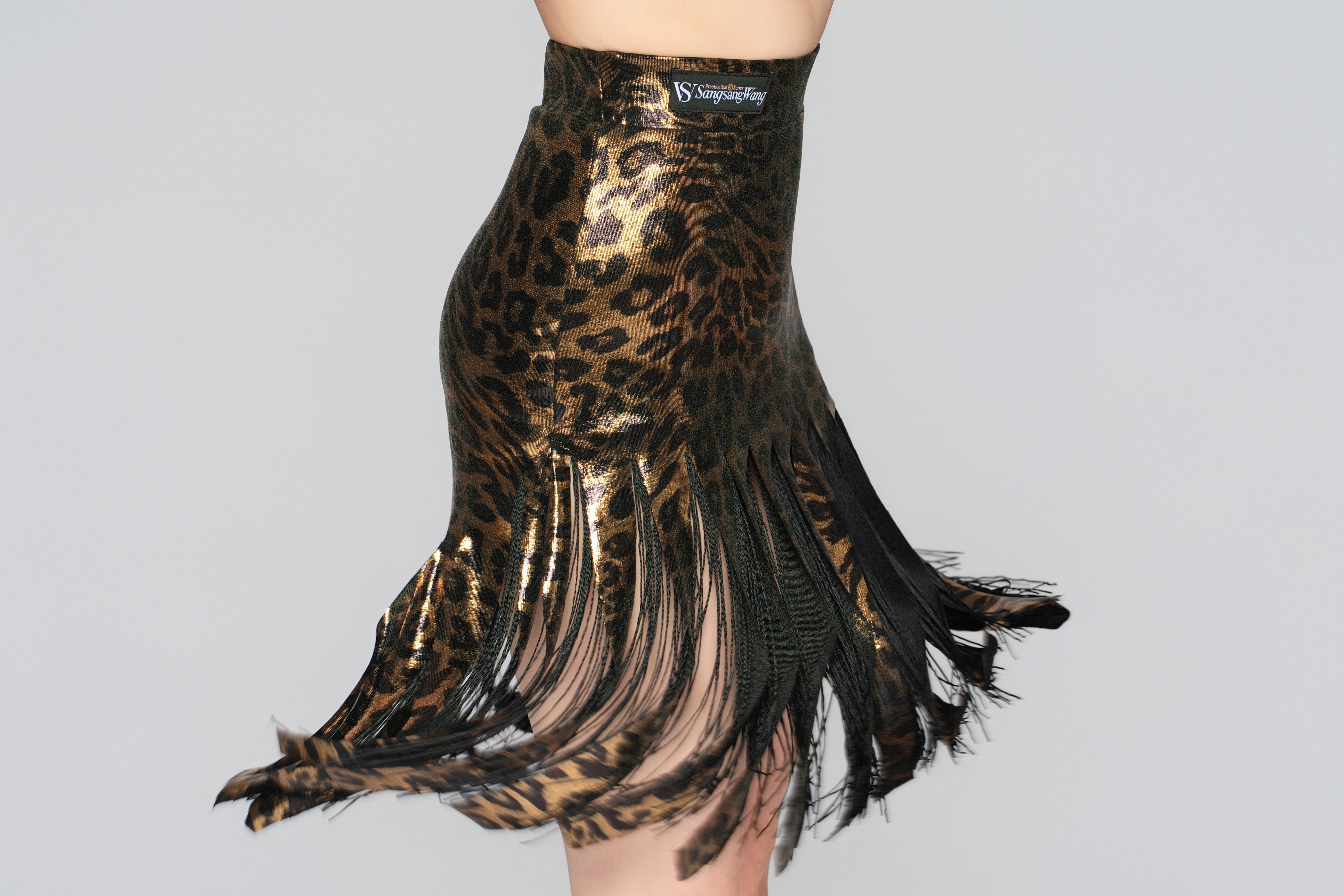 Women's Shiny Leopard Print Fringe Strip Latin Skirt（Black Gold）#251133