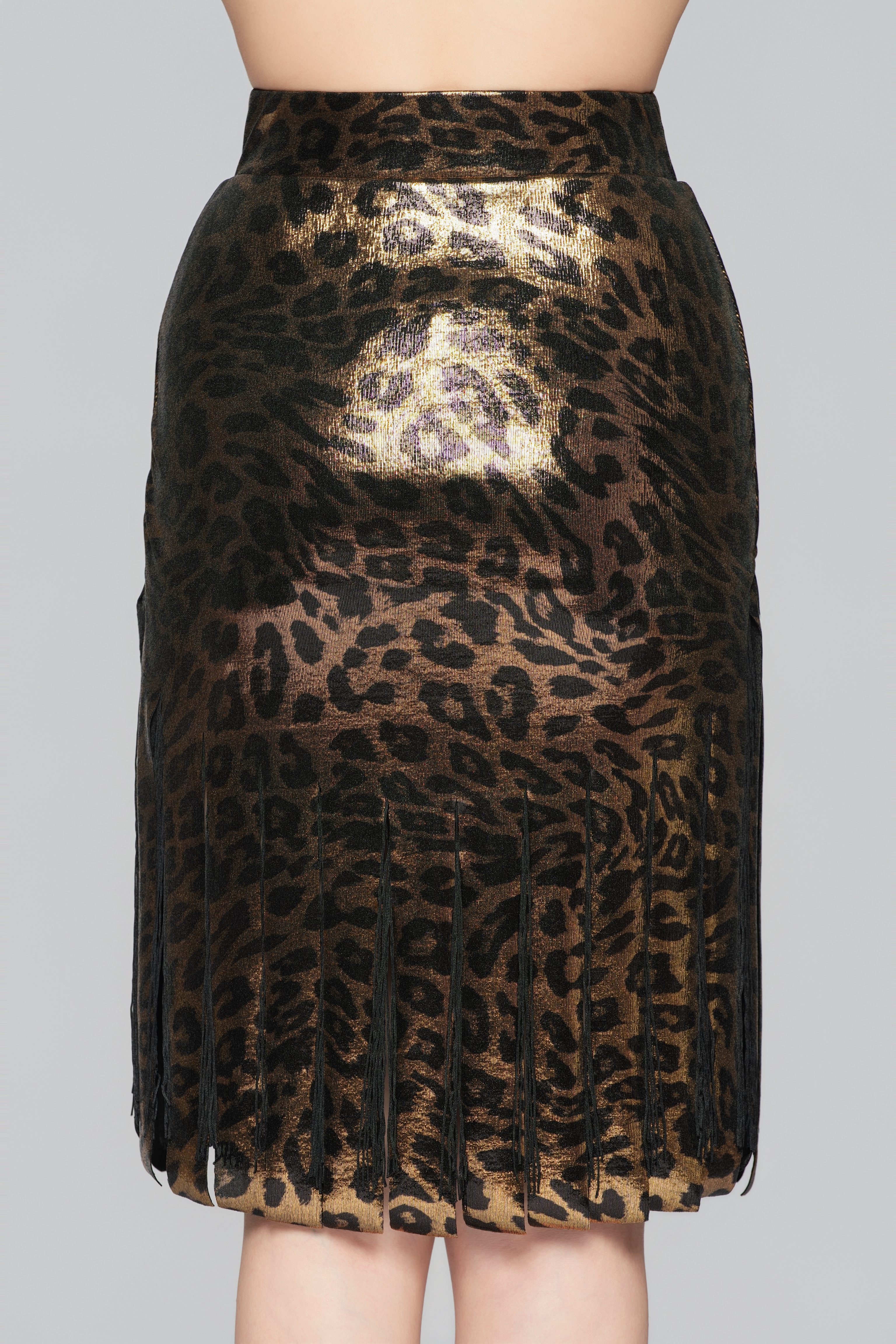 Women's Shiny Leopard Print Fringe Strip Latin Skirt（Black Gold）#251133