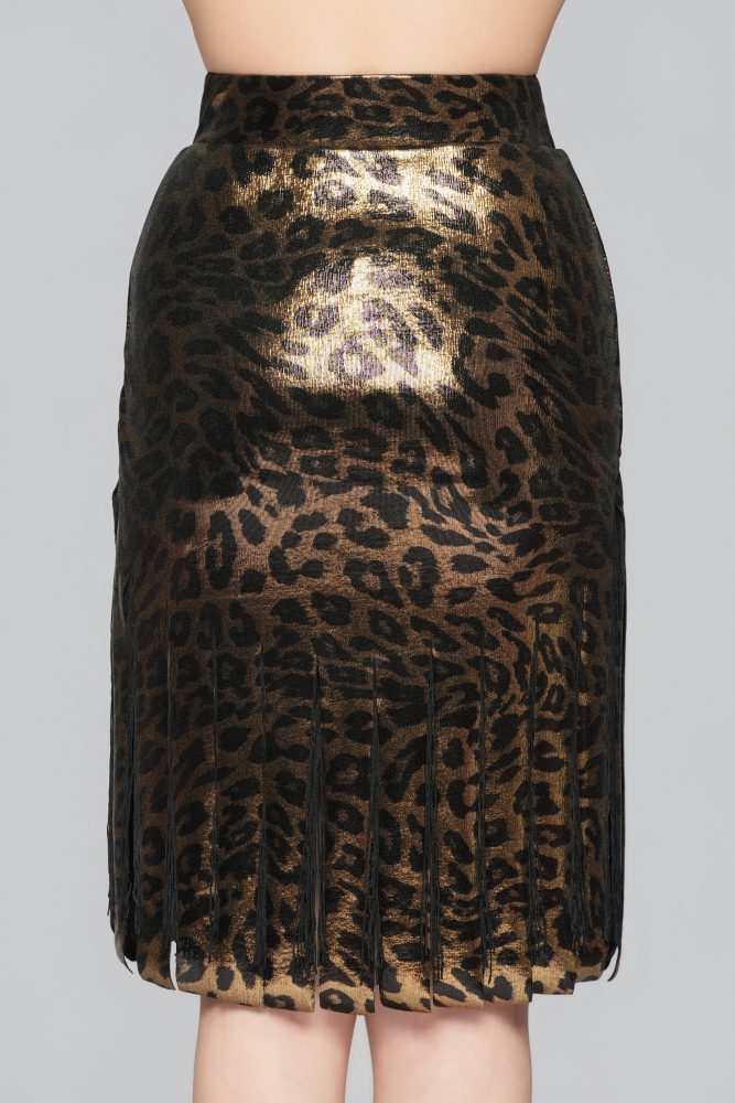 Women's Shiny Leopard Print Fringe Strip Latin Skirt（Black Gold）#251133
