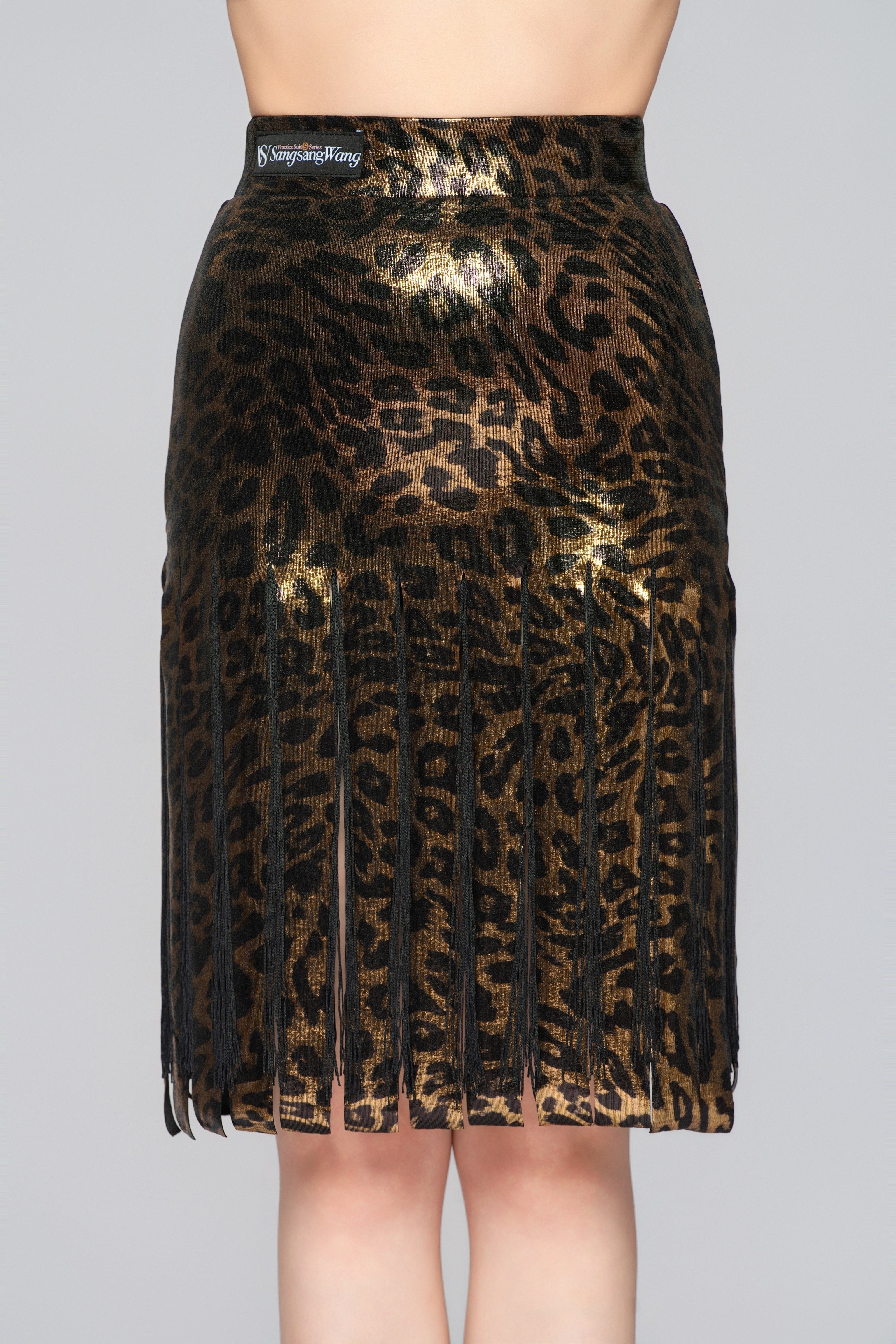 Women's Shiny Leopard Print Fringe Strip Latin Skirt（Black Gold）#251133