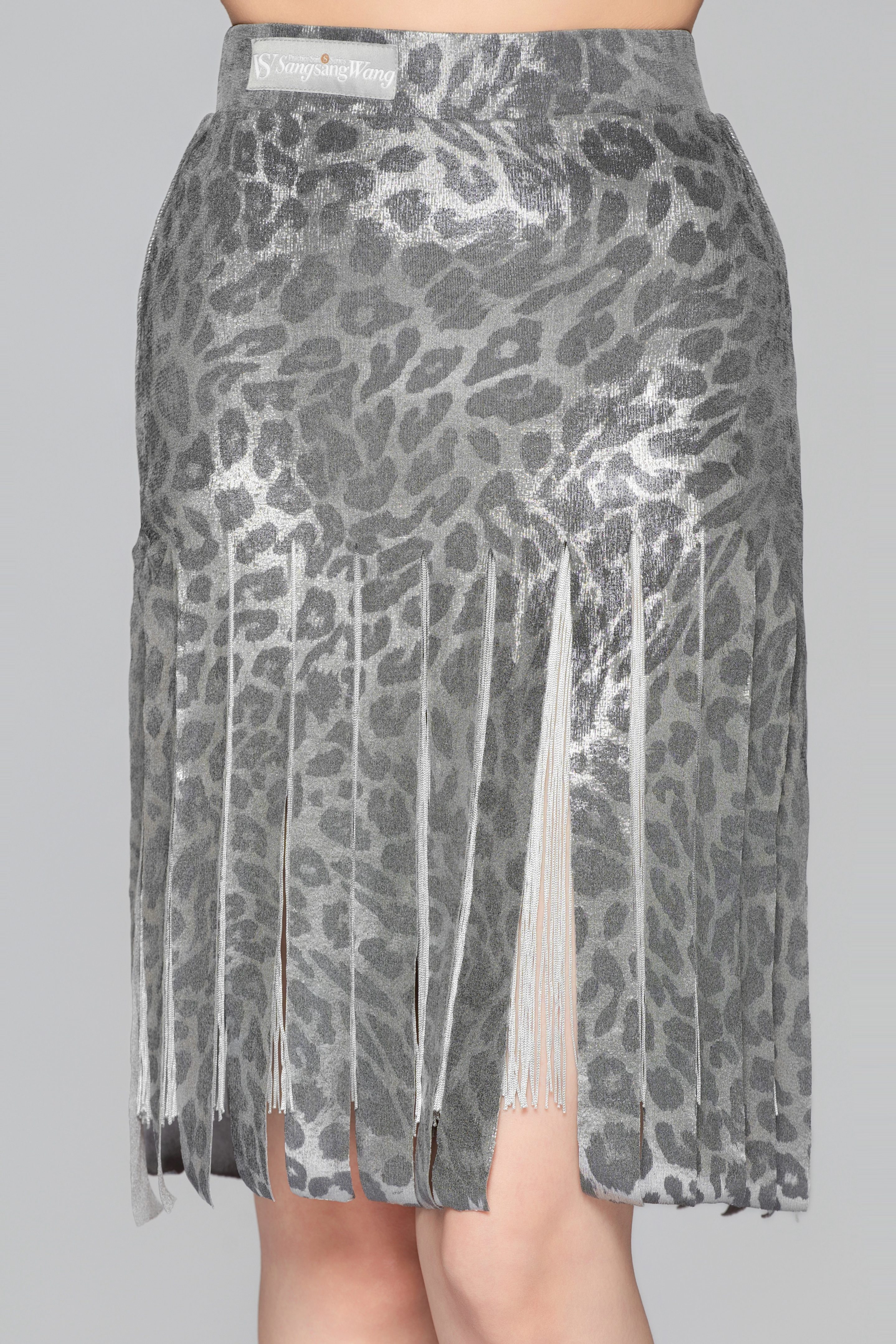 Women's Shiny Leopard Print Fringe Strip Latin Skirt（Black Gold）#251133