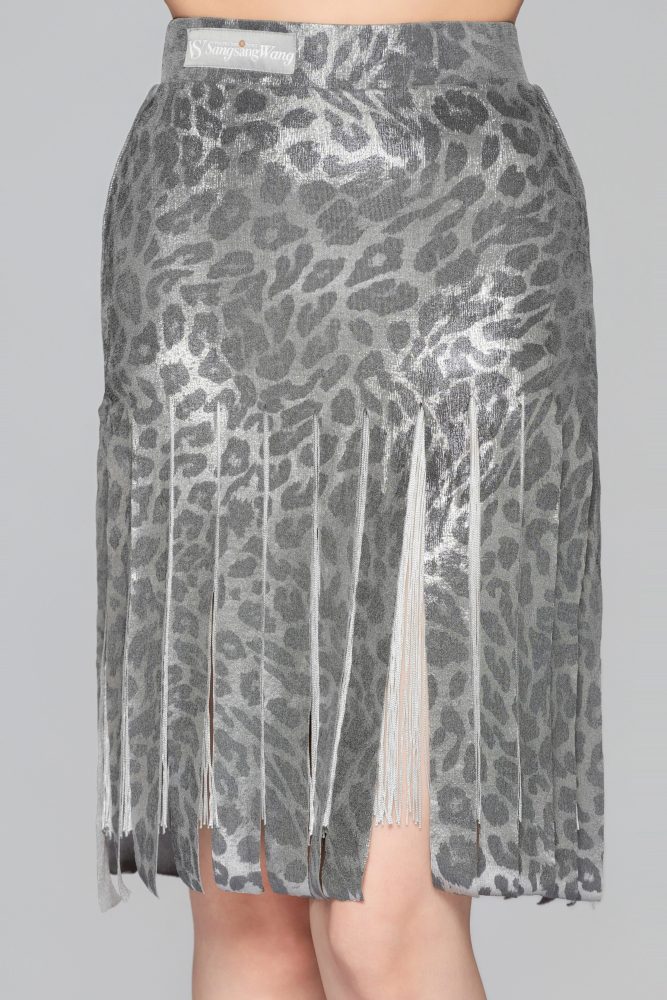 Women's Shiny Leopard Print Fringe Strip Latin Skirt（Black Gold）#251133