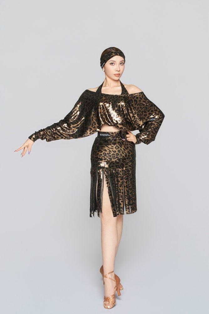 Women's Shiny Leopard Print Reversible Tie-Up Top（Black Gold）#251132