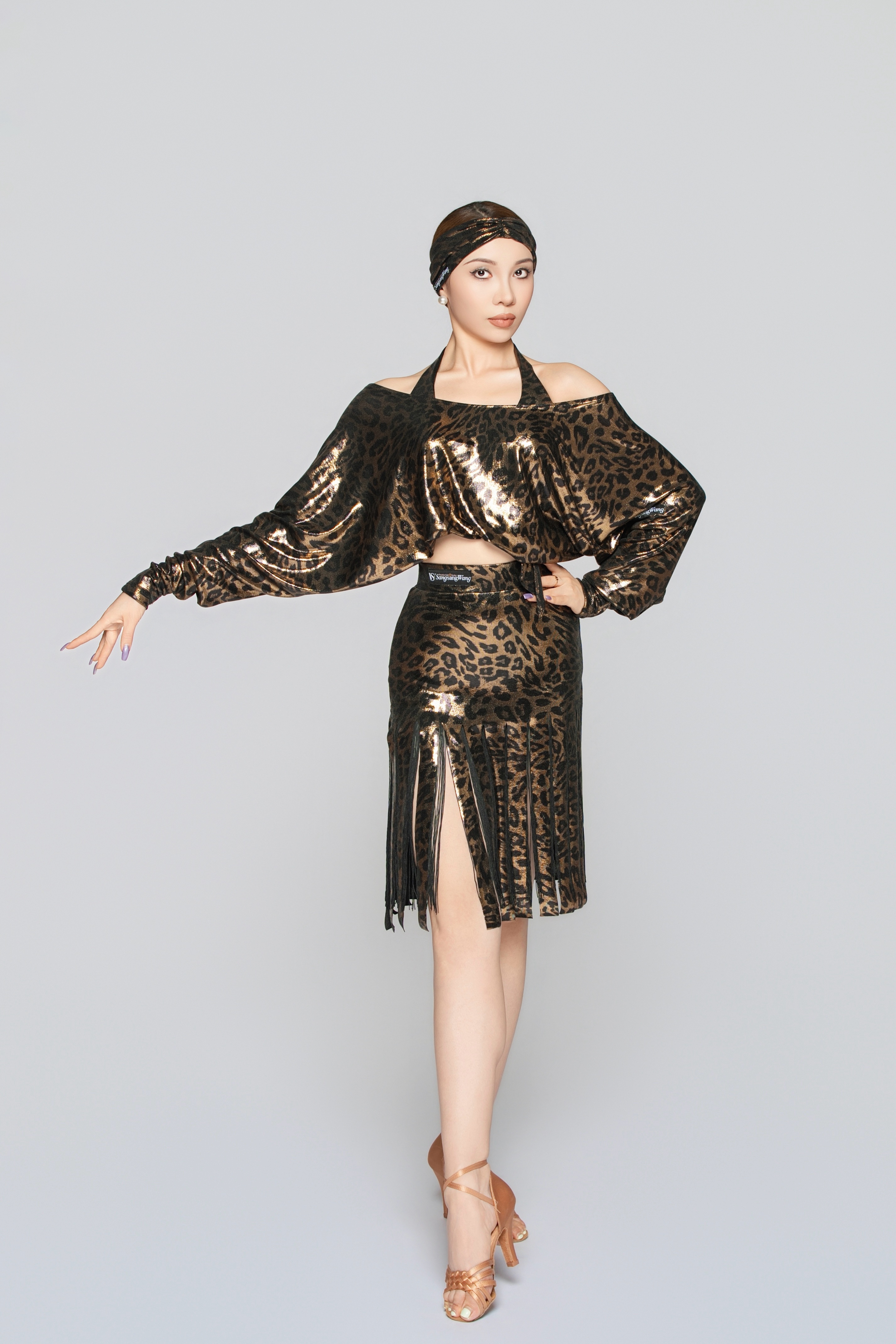 Women's Shiny Leopard Print Fringe Strip Latin Skirt（Black Gold）#251133