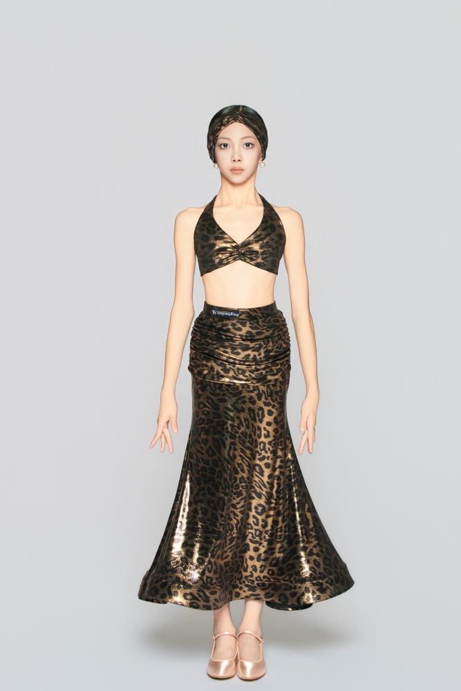 Girls' Shiny Leopard Print Halter Neck Vest（Black Gold）#251139