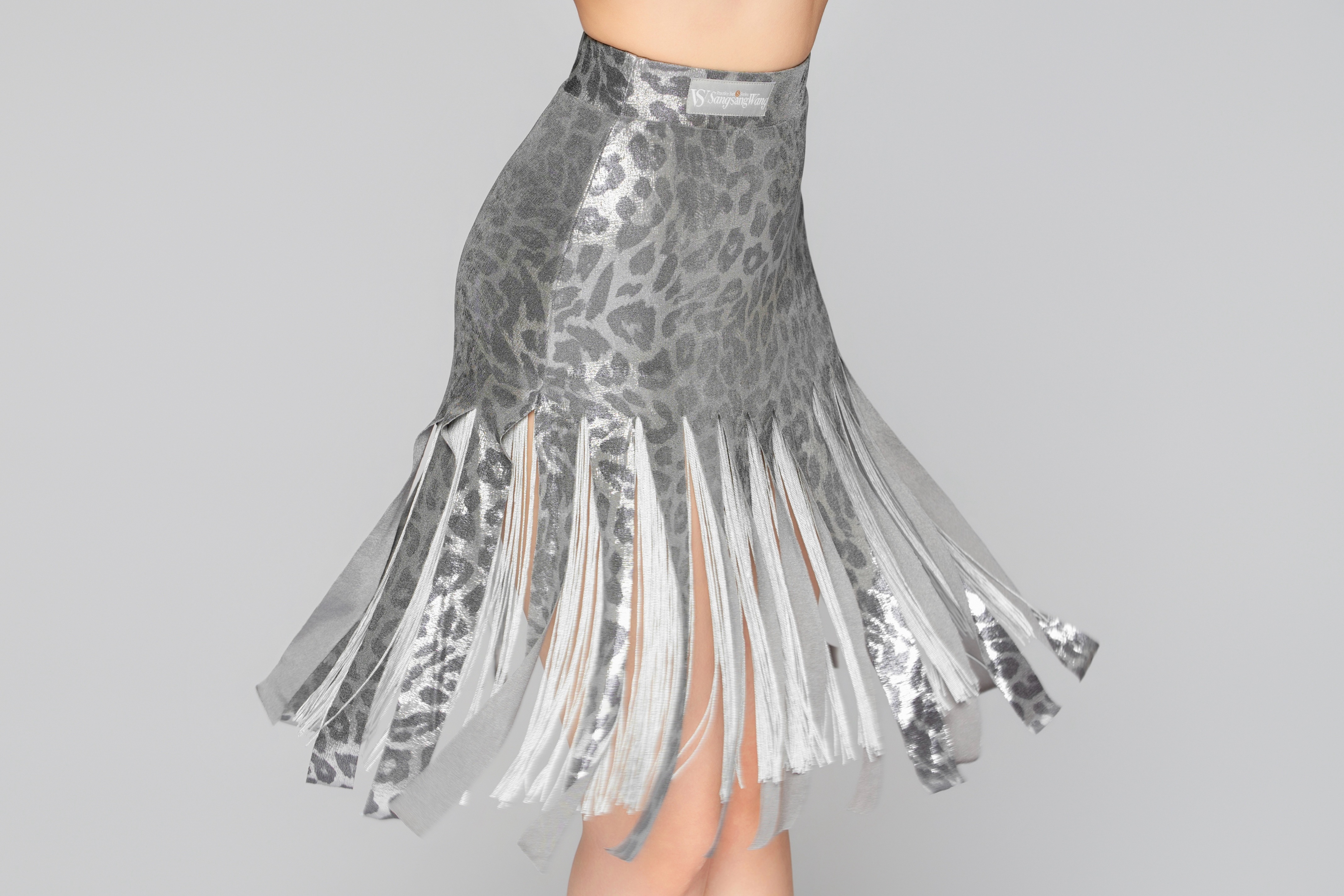 Women's Shiny Leopard Print Fringe Strip Latin Skirt（Black Gold）#251133