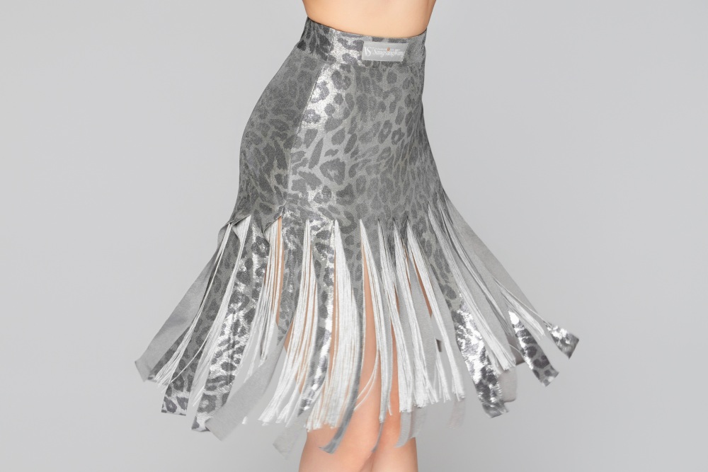 Women's Shiny Leopard Print Fringe Strip Latin Skirt（Black Gold）#251133