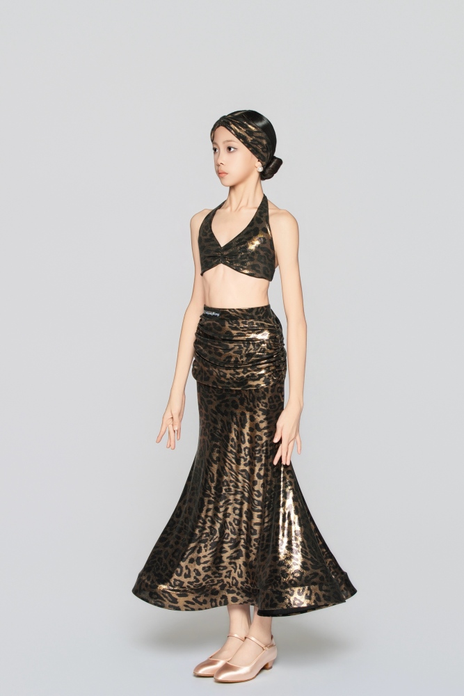 Girls' Shiny Leopard Print Halter Neck Vest（Black Gold）#251139