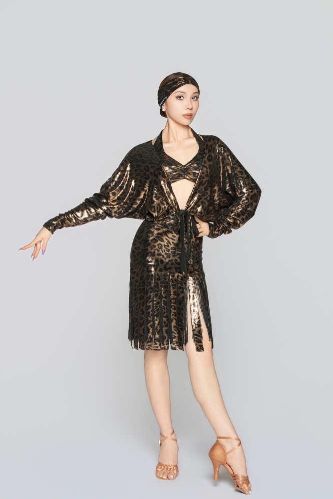 Women's Shiny Leopard Print Fringe Strip Latin Skirt（Black Gold）#251133