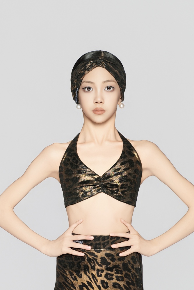 Girls' Shiny Leopard Print Halter Neck Vest（Black Gold）#251139