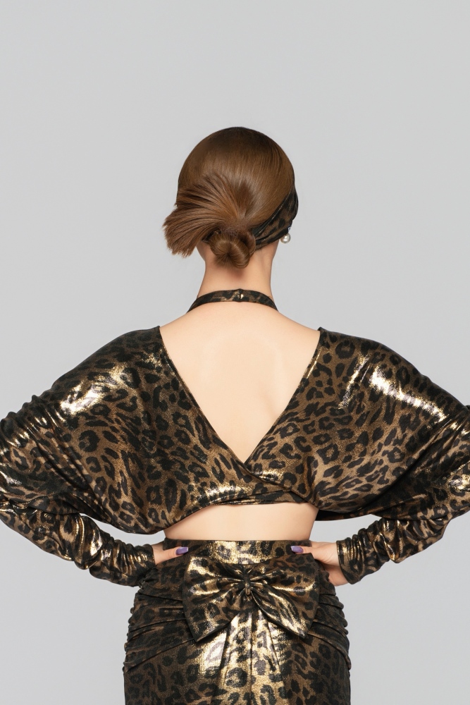Women's Shiny Leopard Print Reversible Tie-Up Top（Black Gold）#251132