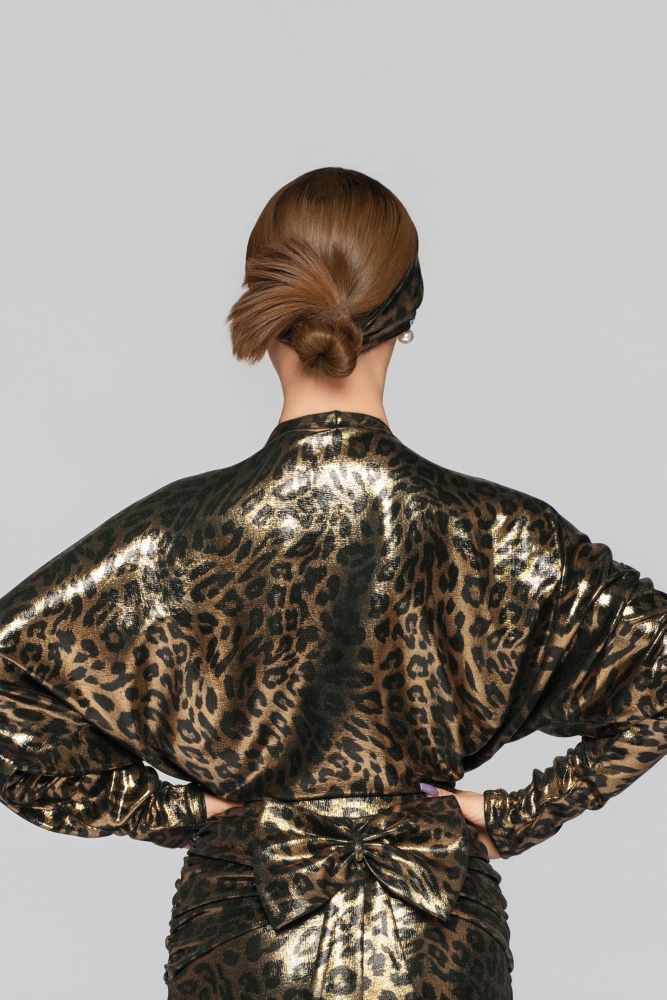 Women's Shiny Leopard Print Reversible Tie-Up Top（Black Gold）#251132