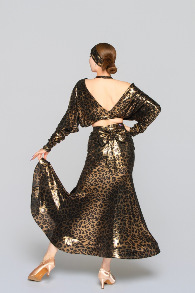 Women's Shiny Leopard Print Reversible Tie-Up Top（Black Gold）#251132