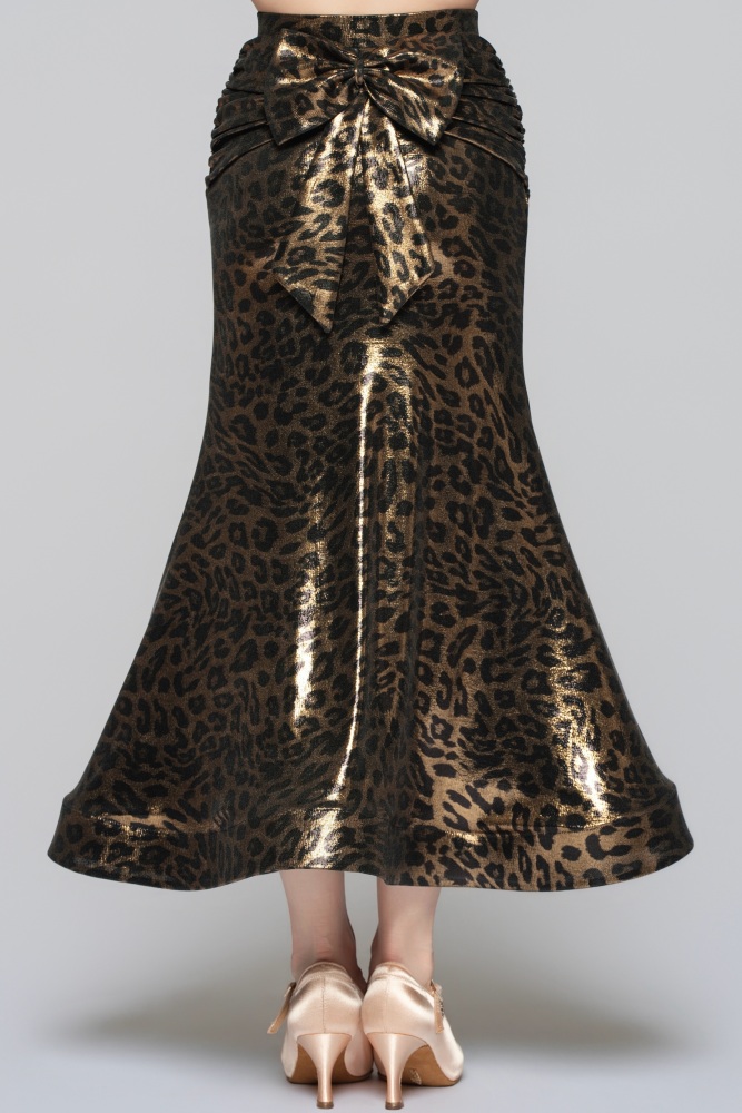 Women's Shiny Leopard Print Bow Modern Skirt（Black Gold）#251138