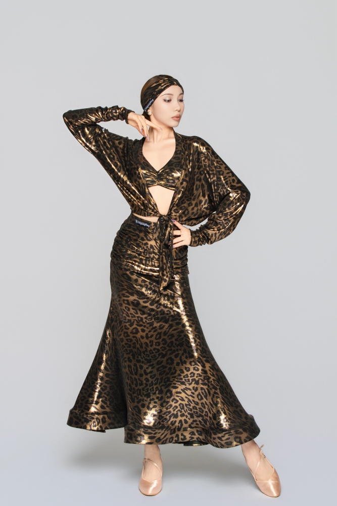 Women's Shiny Leopard Print Bow Modern Skirt（Black Gold）#251138