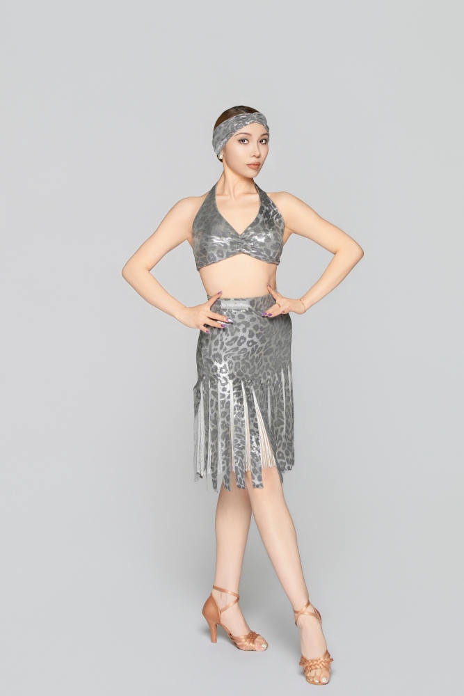 Women's Shiny Leopard Print Fringe Strip Latin Skirt（Black Gold）#251133