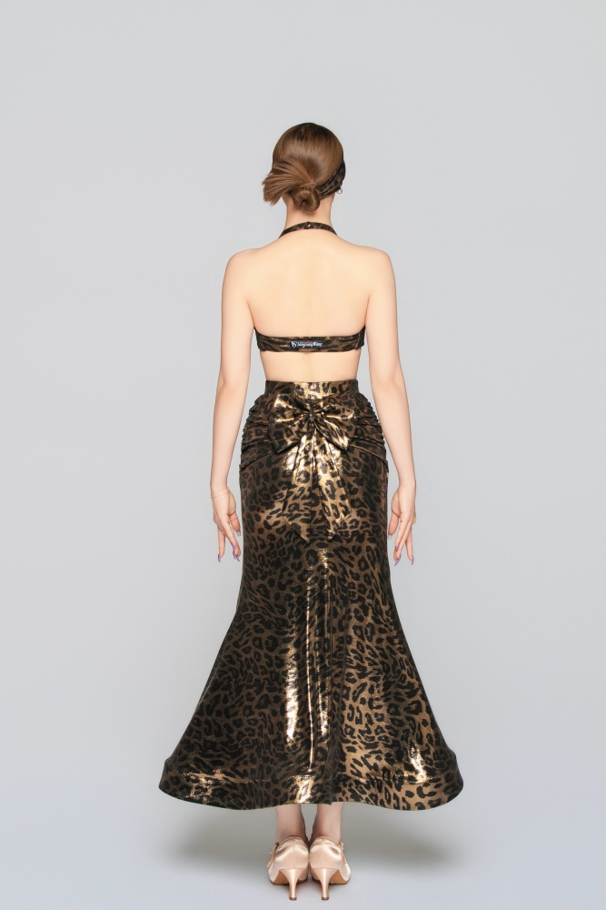 Women's Shiny Leopard Print Bow Modern Skirt（Black Gold）#251138
