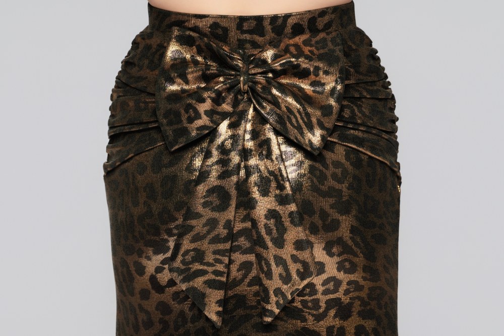 Women's Shiny Leopard Print Bow Modern Skirt（Black Gold）#251138