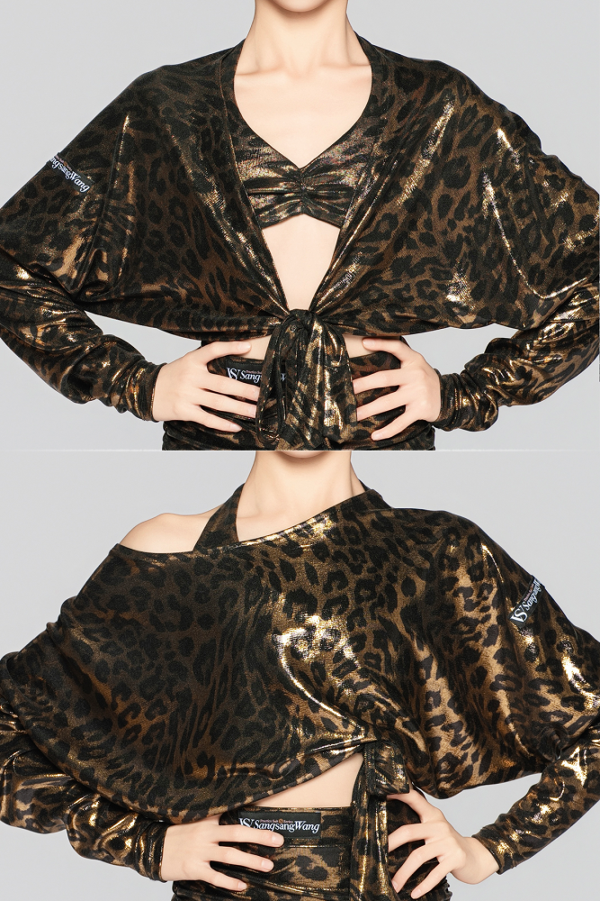 Girls' Shiny Leopard Print Reversible Tie-Up Top（Black Gold）#251140