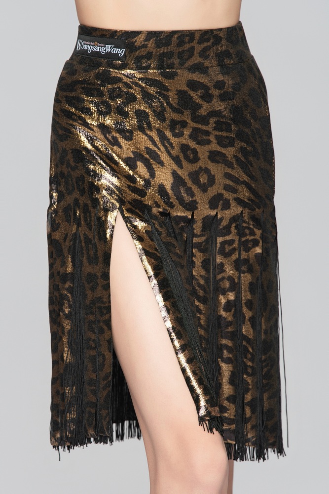 Girls' Shiny Leopard Print Fringe Strip Latin Skirt（Black Gold）#251141