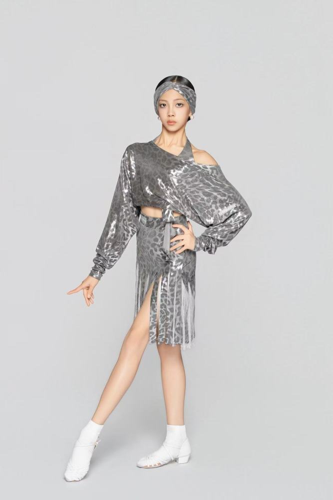 Girls' Shiny Leopard Print Reversible Tie-Up Top（Black Gold）#251140