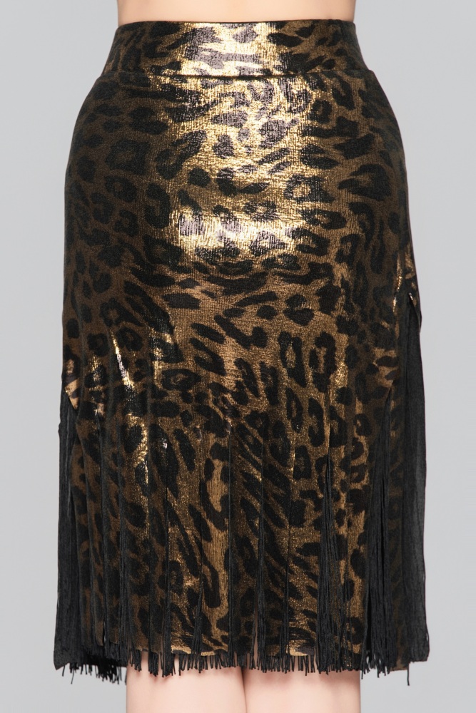 Girls' Shiny Leopard Print Fringe Strip Latin Skirt（Black Gold）#251141