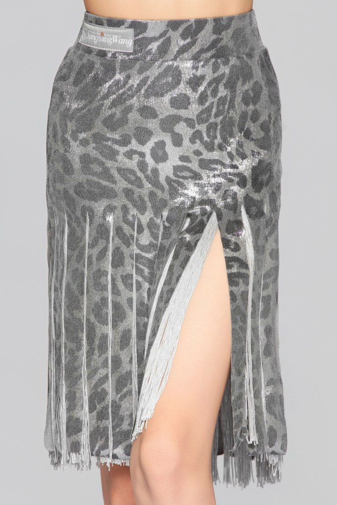 Girls' Shiny Leopard Print Fringe Strip Latin Skirt（Black Gold）#251141