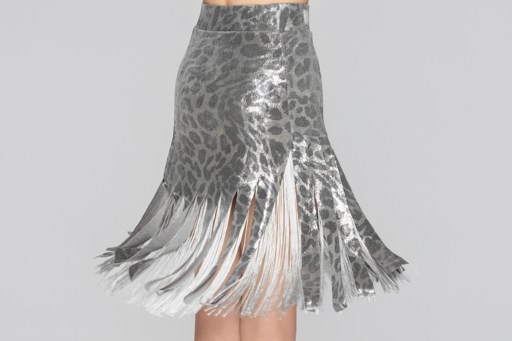 Girls' Shiny Leopard Print Fringe Strip Latin Skirt（Black Gold）#251141