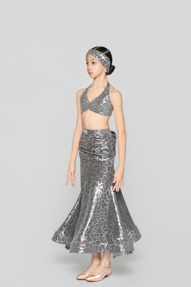 Girls' Shiny Leopard Print Bow Modern Skirt（Black Gold）#251142