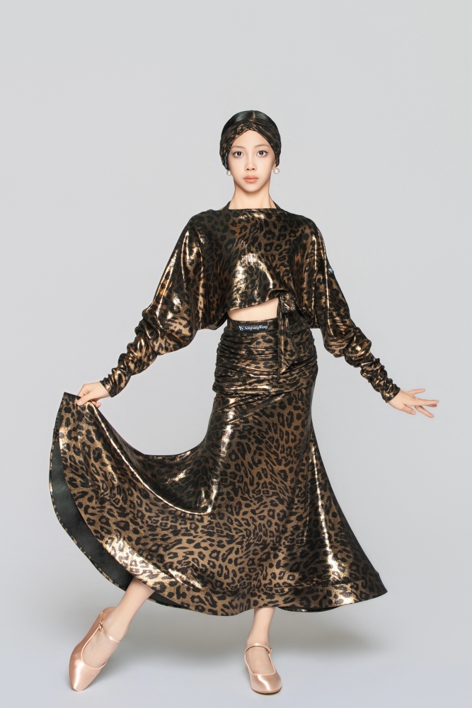 Girls' Shiny Leopard Print Reversible Tie-Up Top（Black Gold）#251140