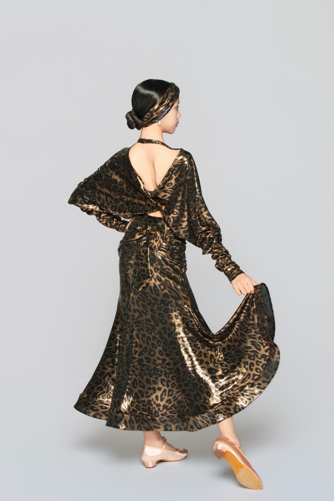 Girls' Shiny Leopard Print Reversible Tie-Up Top（Black Gold）#251140