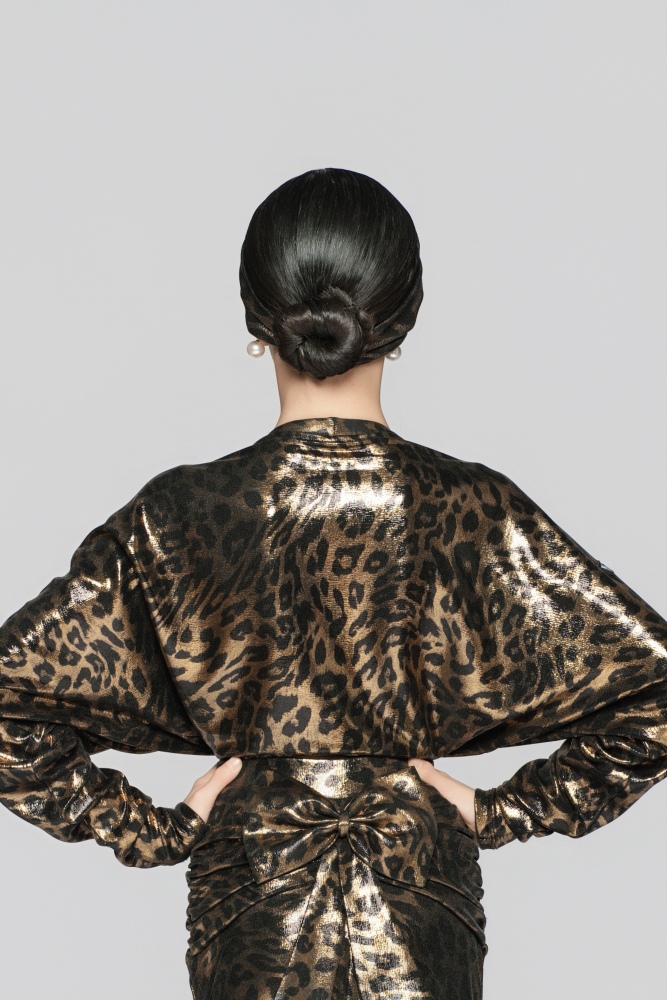 Girls' Shiny Leopard Print Reversible Tie-Up Top（Black Gold）#251140