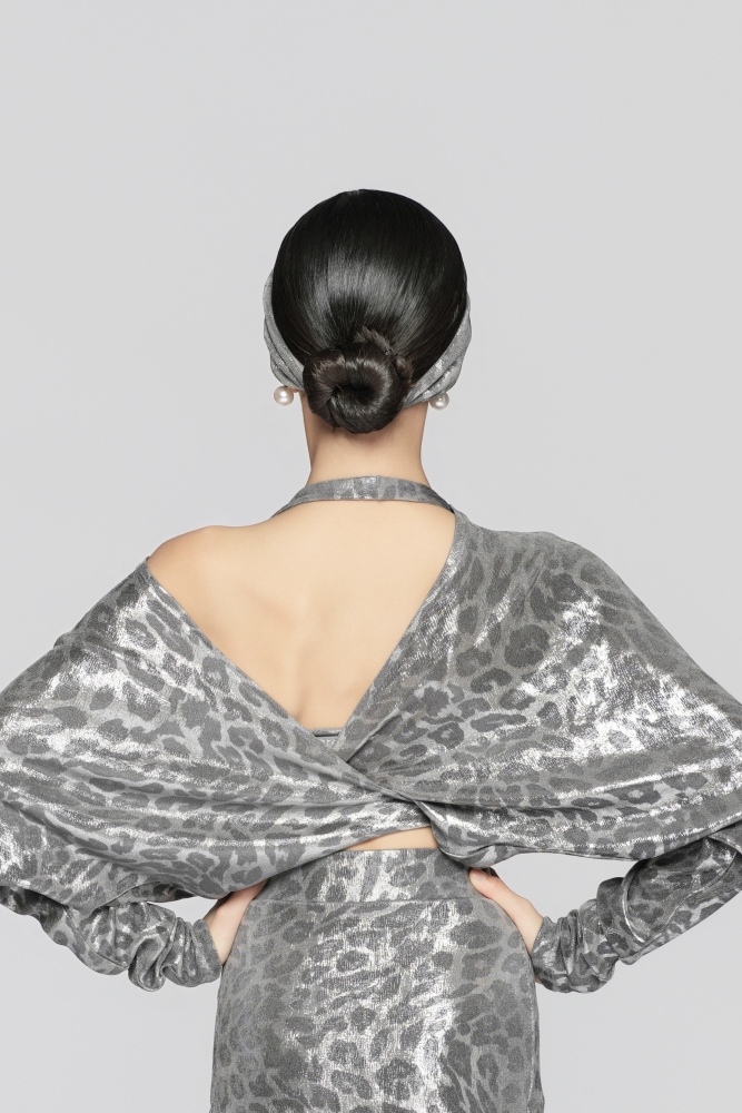 Girls' Shiny Leopard Print Reversible Tie-Up Top（Black Gold）#251140