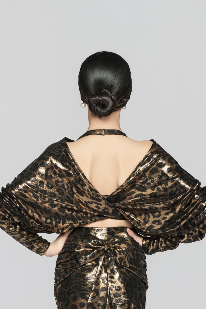 Girls' Shiny Leopard Print Reversible Tie-Up Top（Black Gold）#251140