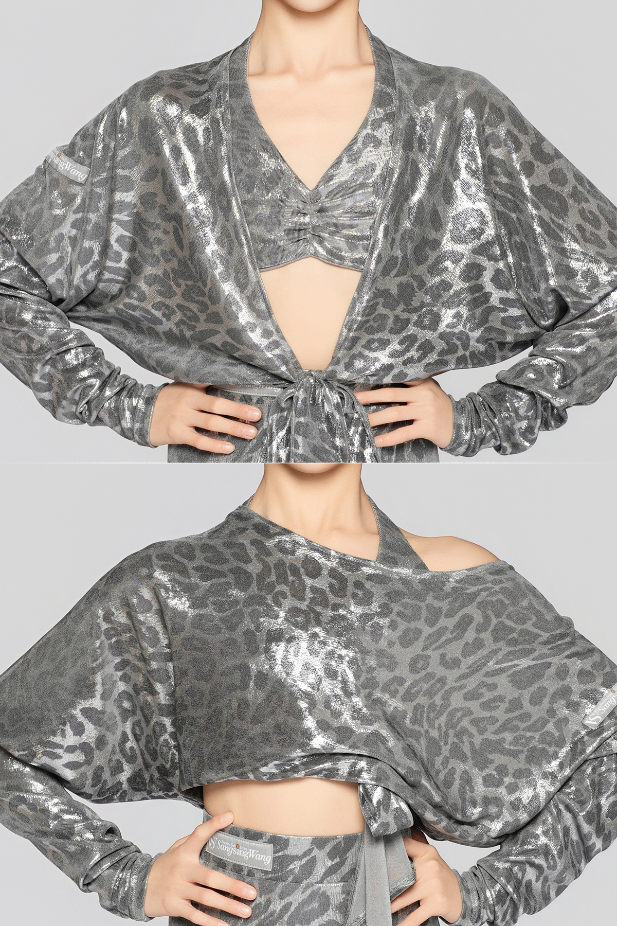 Girls' Shiny Leopard Print Reversible Tie-Up Top（Black Gold）#251140