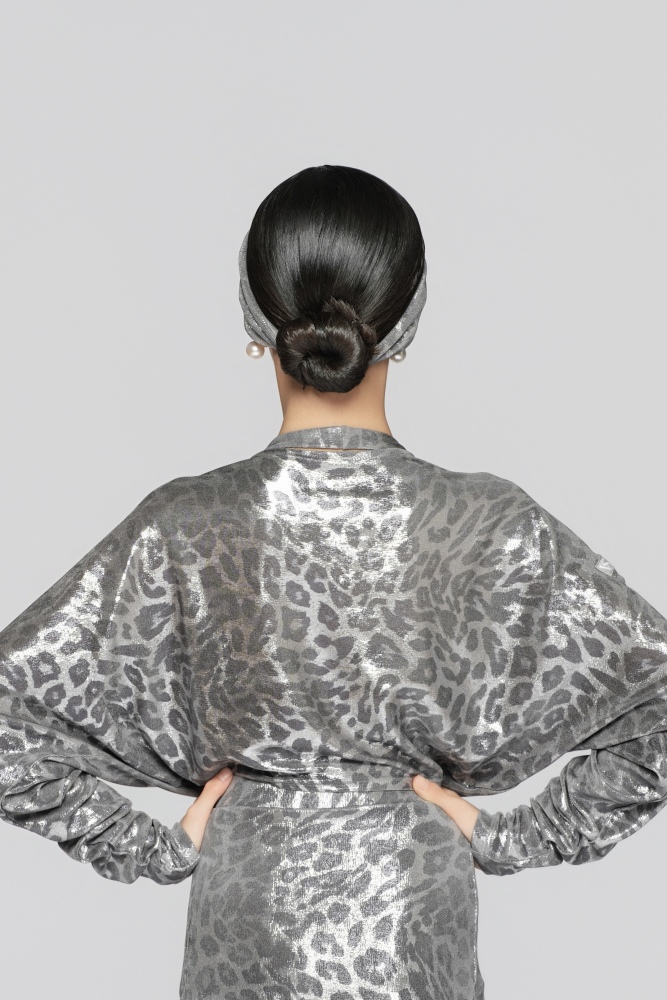 Girls' Shiny Leopard Print Reversible Tie-Up Top（Black Gold）#251140