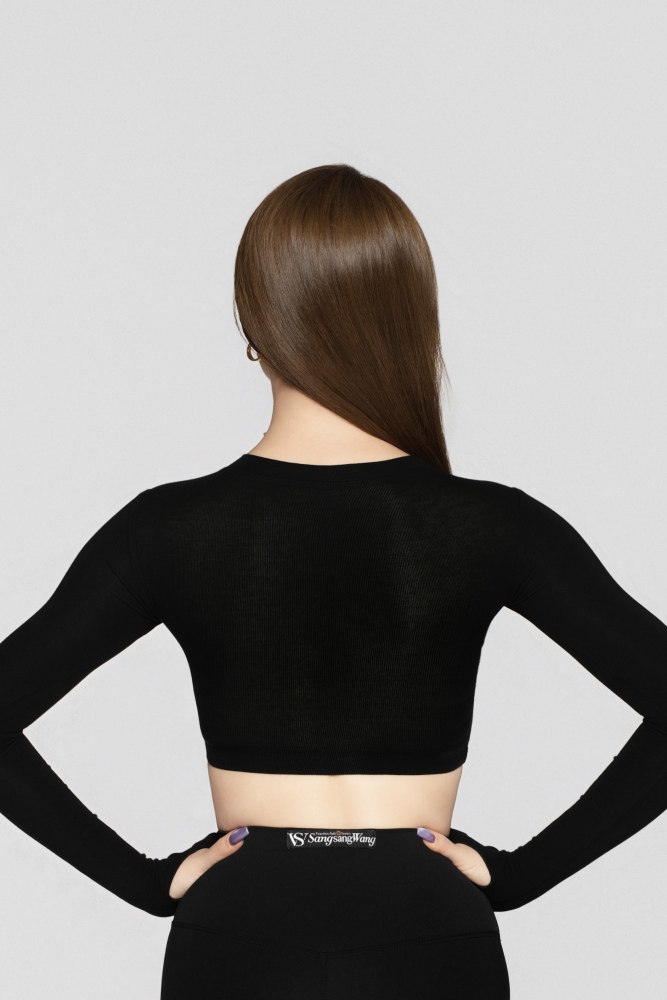 Women's Fine Ribbed Long-Sleeve Cropped Top(Black)#251201