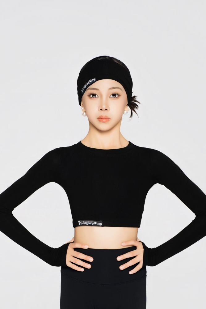 Girls' Fine Ribbed Long-Sleeve Cropped Top(Black)#251205