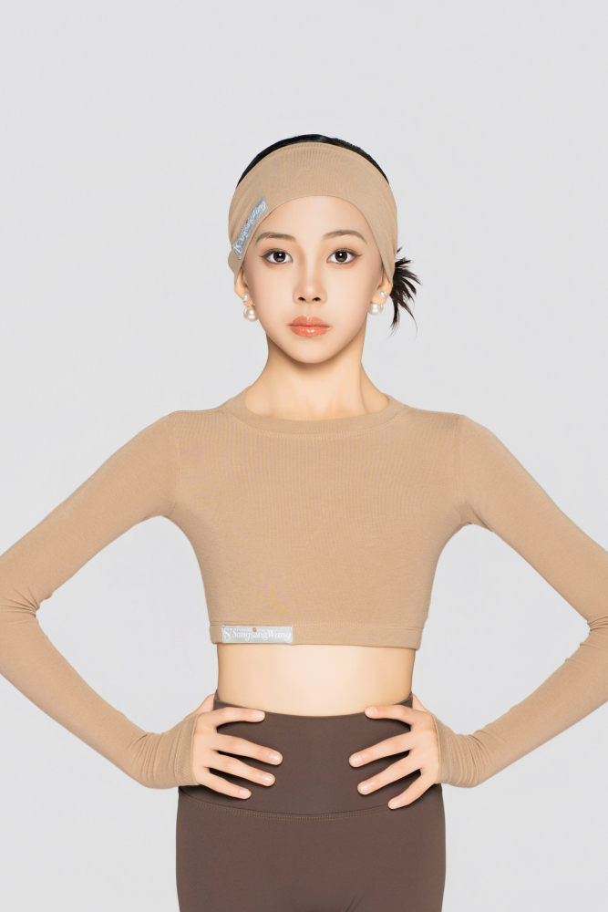 Girls' Fine Ribbed Long-Sleeve Cropped Top(Black)#251205
