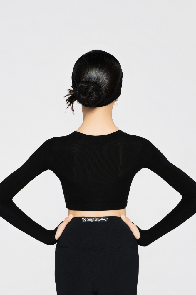 Girls' Fine Ribbed Long-Sleeve Cropped Top(Black)#251205