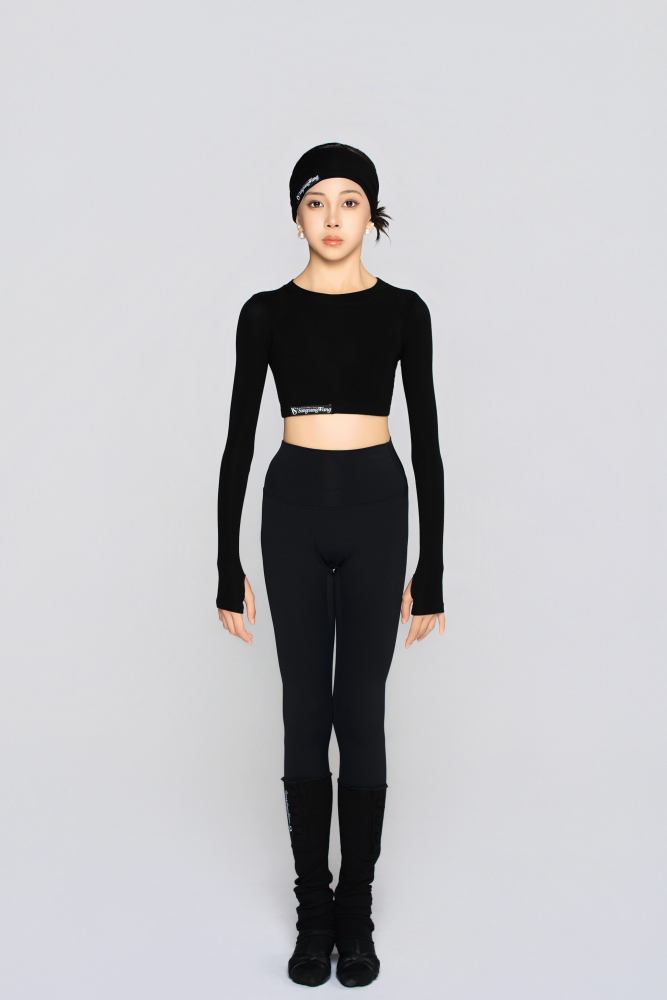Girls' Fine Ribbed Long-Sleeve Cropped Top(Black)#251205
