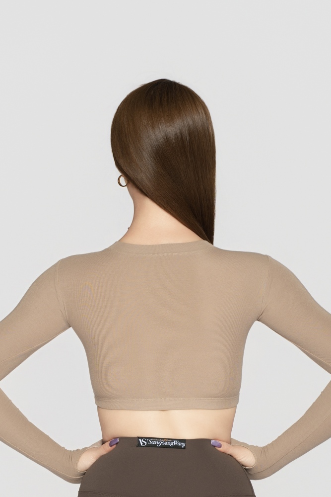 Women's Fine Ribbed Long-Sleeve Cropped Top(Black)#251201