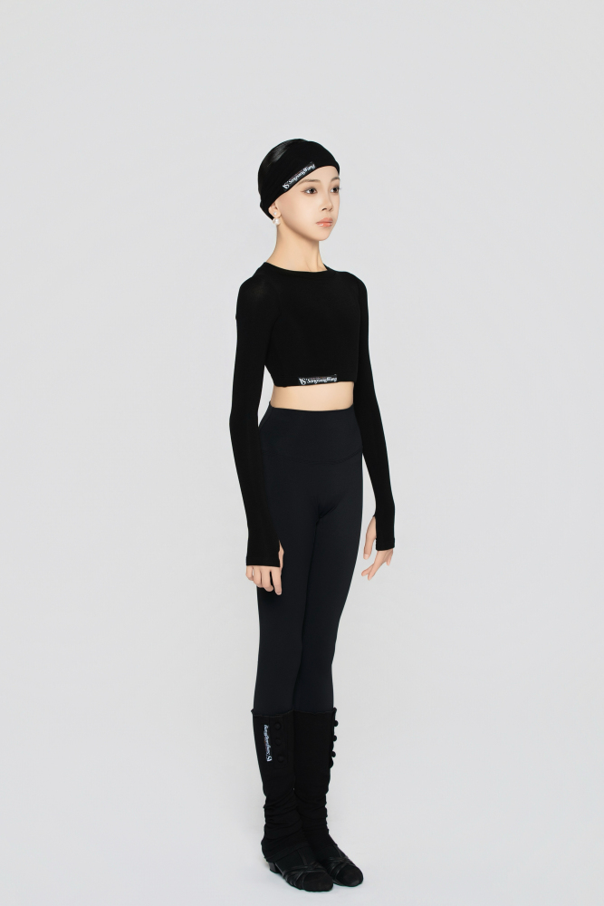 Girls' Fine Ribbed Long-Sleeve Cropped Top(Black)#251205